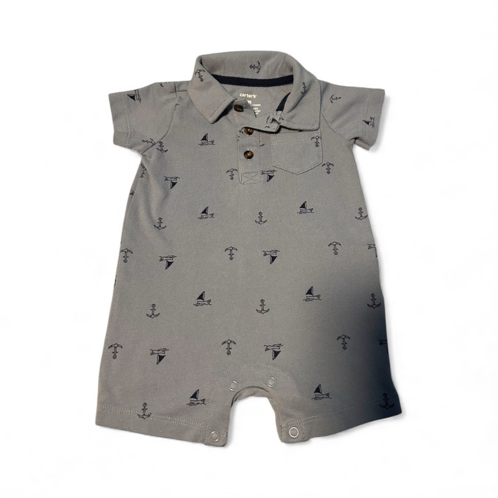 Carter's Gray Polo one piece romper  with Navy Nautical Print. 6 mo